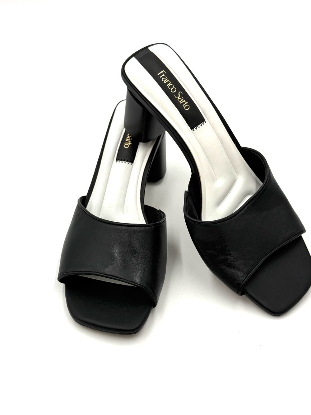Franco Sarto Black Leather Open-Toe Block Heel Slides Size 8.5